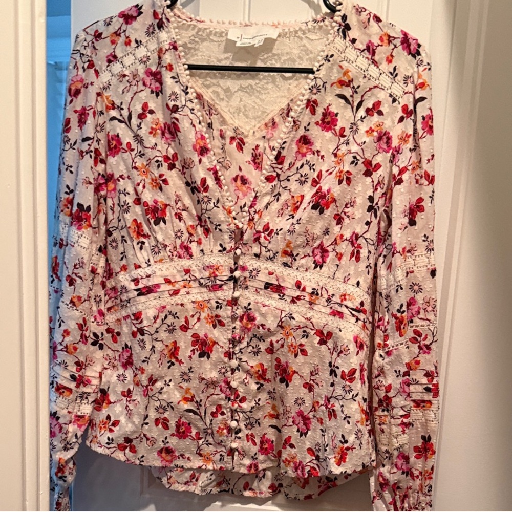 Anthropologie Pink and Red Floral Button-Down Blouse